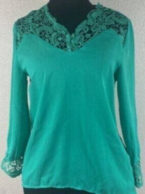 Elegant Green Lace Trim Women's Top Blouse Size S